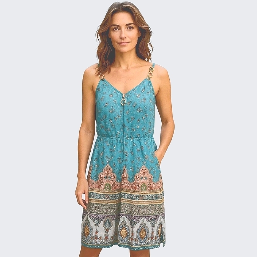 Etcyy Sun Dress Summer Tank Beach Cover Up Teal Blue Paisley Gold Tone